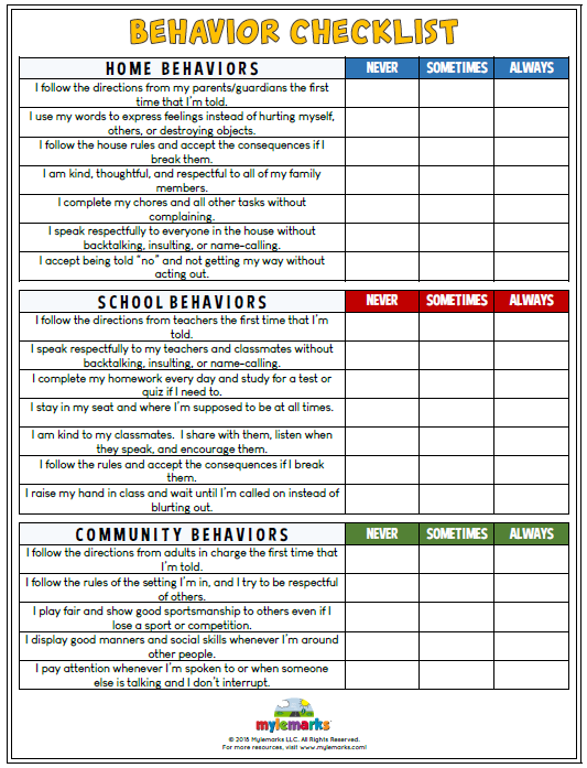 Behavior Worksheets for Kids and Teens