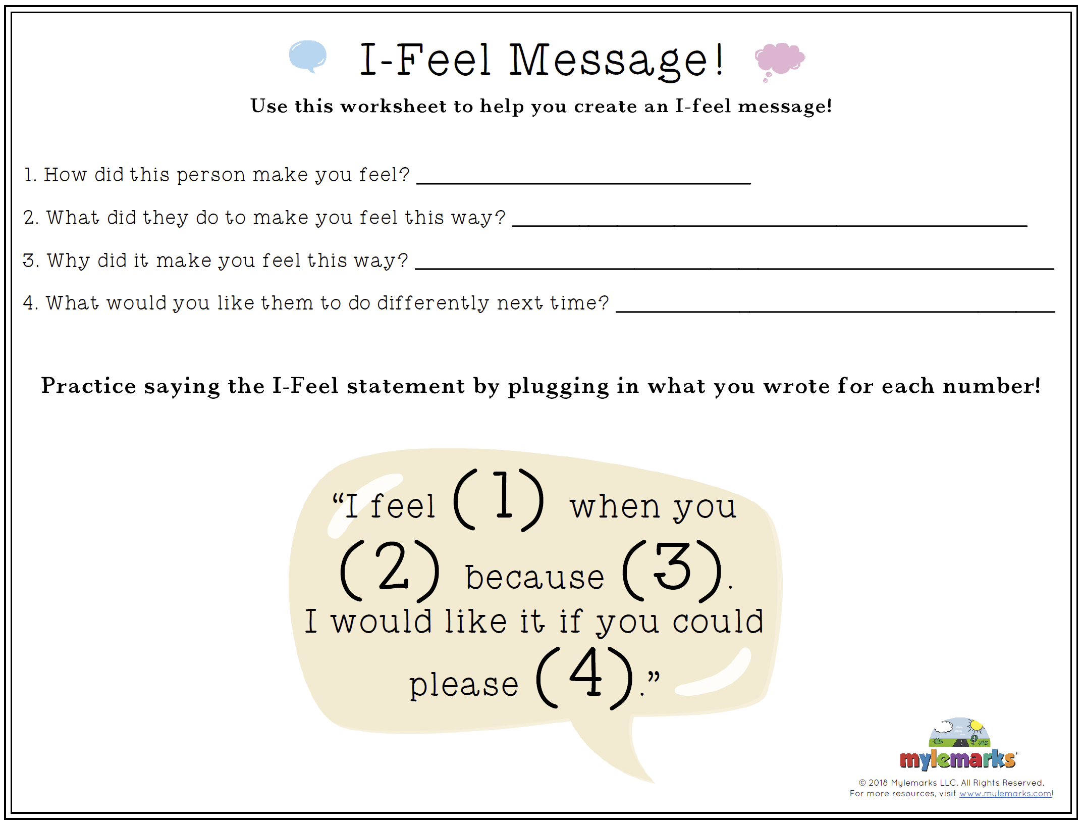 I-Feel Message [F] Inside I Feel Statements Worksheet